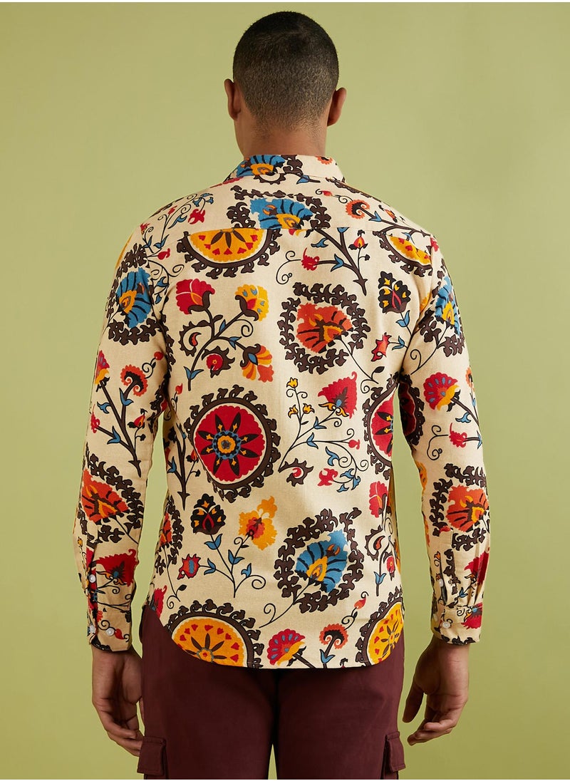 Campus Sutra Men's Multicolour Ethnic Floral Shirt For Casual Wear | Spread Collar | Long Sleeve | Button Closure | Cotton Shirt Crafted With Comfort Fit For Everyday Wear