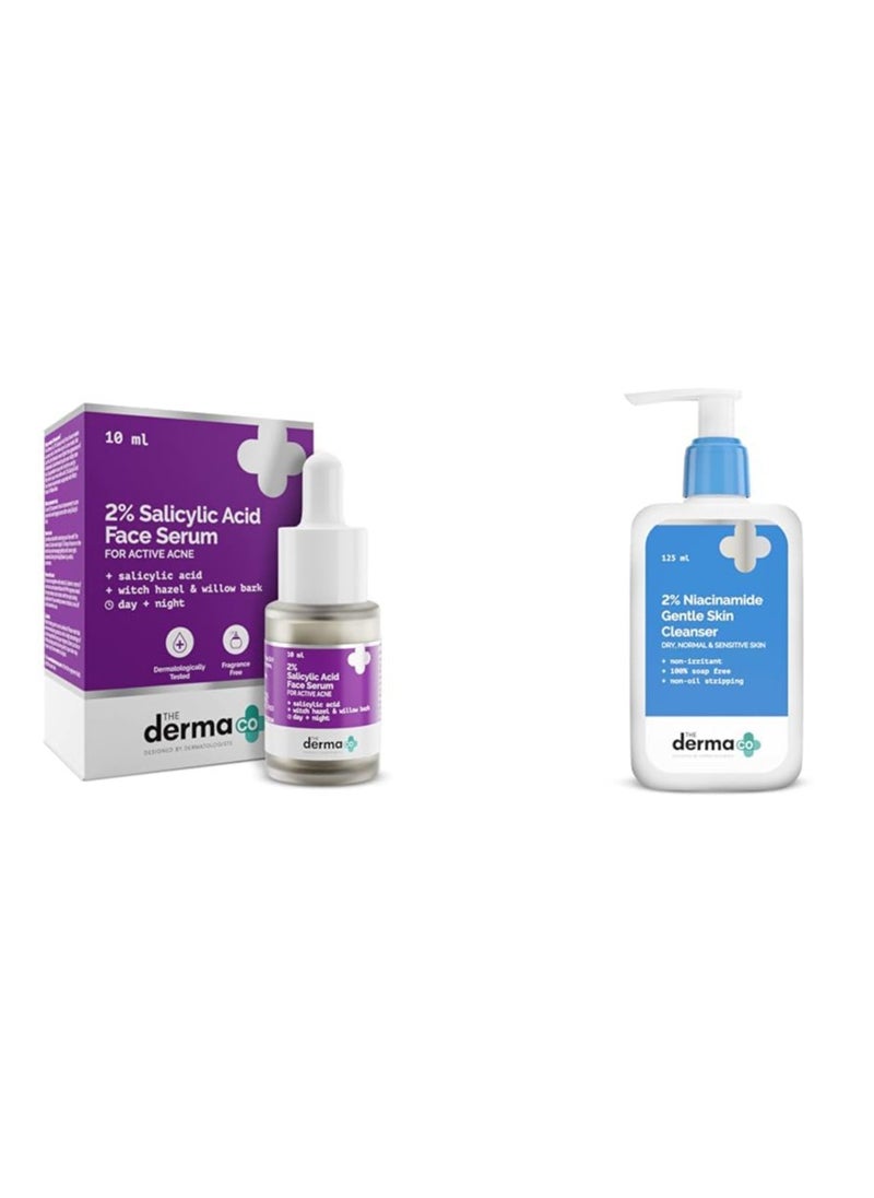 The Derma Co 2% Salicylic Acid Serum with Witch Hazel & Willow Bark for Active Acne - 10ml & The Derma Co 2% Niacinamide Gentle Skin Cleanser for Sensitive, Dry, Normal Skin - 125 ml