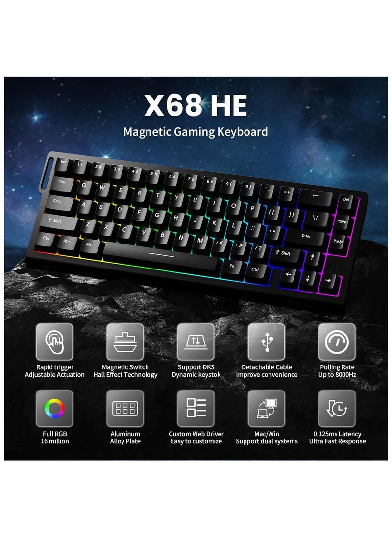ATTACK SHARK X68 HE 8KHZ Rapid Trigger Keyboard Magnetic Switch,0.01 mm RT Accuracy,Wired RGB 60% Gaming Keyboard TKL with Adjustable Actuation,Snap Tap,Coiled Cable,for PC/Mac(Black)