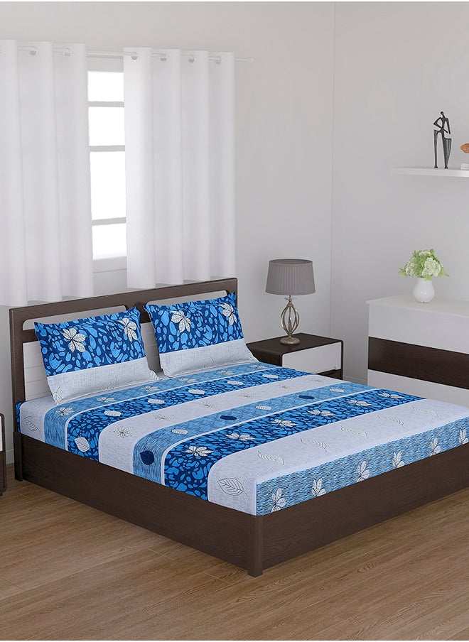Cotton Rich Double Bedsheet with 2 Pillow Covers for Bed Room, Home, Hotel-120 GSM, Blue Stripes, 210 X 215 Cm