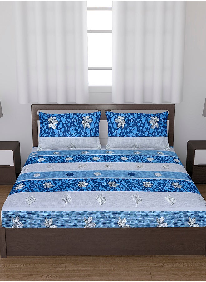 Cotton Rich Double Bedsheet with 2 Pillow Covers for Bed Room, Home, Hotel-120 GSM, Blue Stripes, 210 X 215 Cm