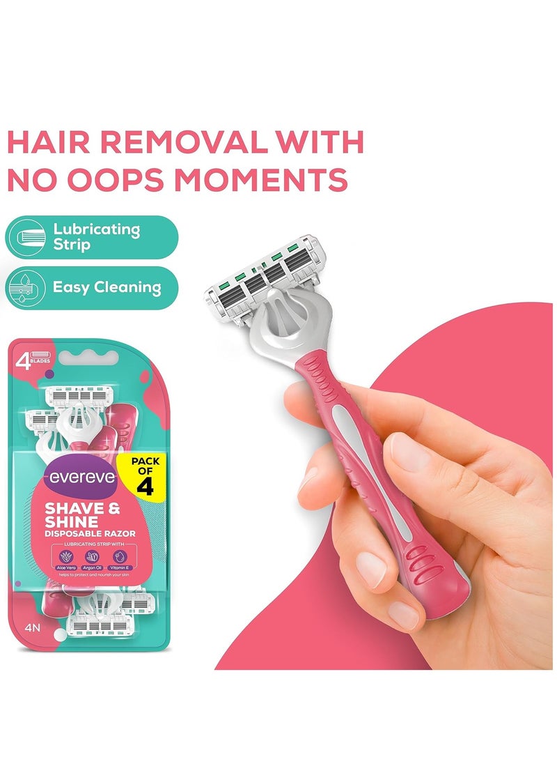Evereve Shave & Shine 4 blade Disposable Razor for women, Pack of 4, Quick & Easy hair removal Aloe Vera, Argan Oil & Vitamin E, Pivoting head, Non-slip rubber handle,