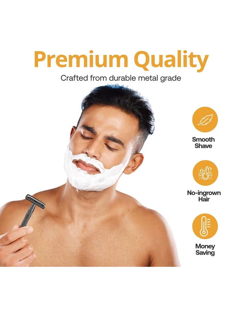 Rubab Men Double Edge Safety Shaving Razor| Premium Single Blade Closed Comb 3 Piece Metal Face Razor | Classic Gunmetal Finish