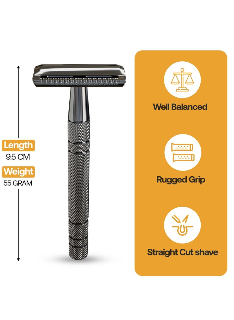 Rubab Men Double Edge Safety Shaving Razor| Premium Single Blade Closed Comb 3 Piece Metal Face Razor | Classic Gunmetal Finish
