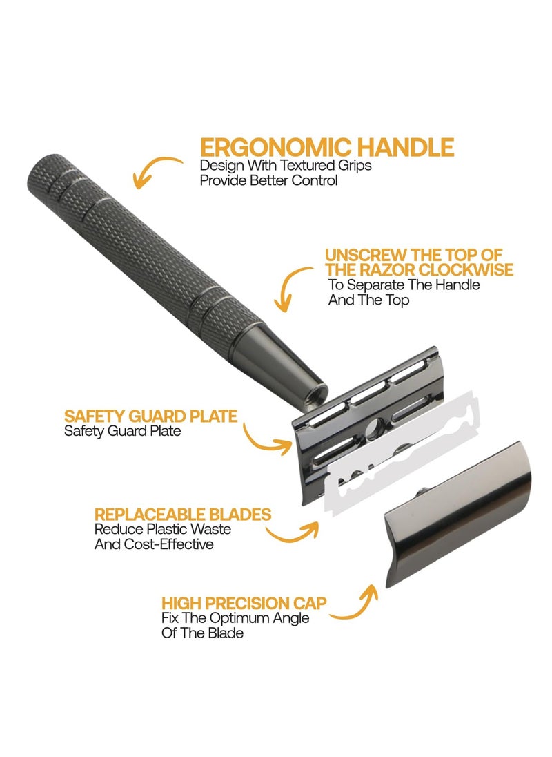Rubab Men Double Edge Safety Shaving Razor| Premium Single Blade Closed Comb 3 Piece Metal Face Razor | Classic Gunmetal Finish