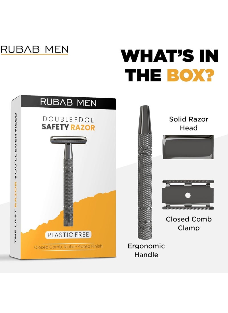 Rubab Men Double Edge Safety Shaving Razor| Premium Single Blade Closed Comb 3 Piece Metal Face Razor | Classic Gunmetal Finish