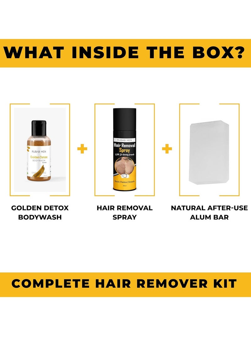 RUBAB MEN Hair Removal Foam Spray for Men - 200ml | Comes with Alum Bar, BodyWash & Wet Wipes | Painless, Quick & Easy To Use Body Hair Remover For Chest, Back, Legs, Under Arms