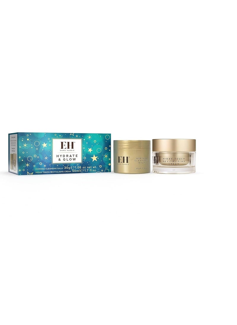 Emma Hardie Hydrate & Glow Gift Set: Travel Size 30ml Moringa Cleansing Balm and Travel Size 50ml Midas Touch Revitalising Face Cream, Dermatologically Tested, Natural and Cruelty Free