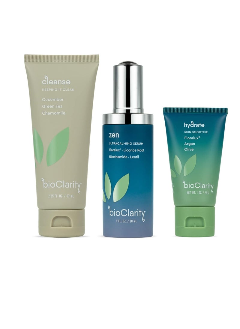 BioClarity 3-Step Ultra Calming Routine for Redness-Prone Skin | 100% Vegan | Gentle Clean and Hydrate Face | Contains Cucuber, Green Tea, Chamomile, Floralux, Vitamin B3, Lentil, Argan, Olive