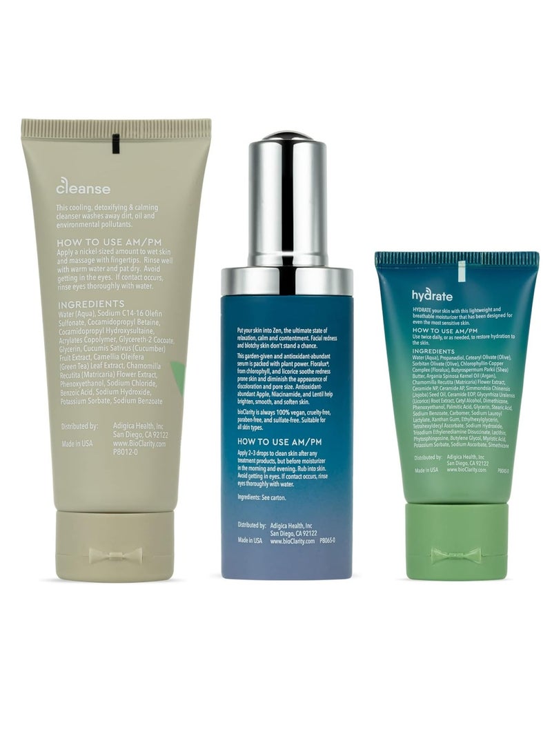 BioClarity 3-Step Ultra Calming Routine for Redness-Prone Skin | 100% Vegan | Gentle Clean and Hydrate Face | Contains Cucuber, Green Tea, Chamomile, Floralux, Vitamin B3, Lentil, Argan, Olive