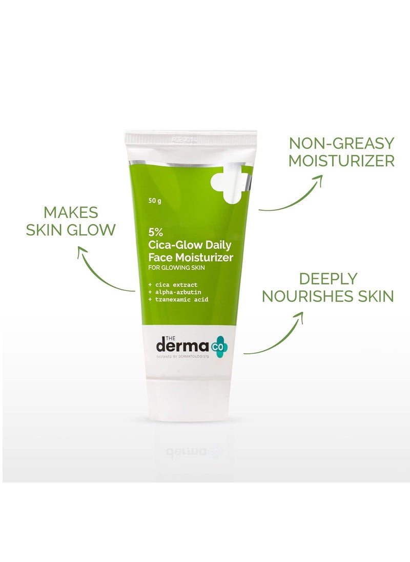 The Derma Co 5% Cica-Glow Daily Face Moisturizer with Alpha Arbutin & Tranexamic Acid | Makes Skin Glow | Evens Skin Tone | For All Skin Types | 50 g, Lotion