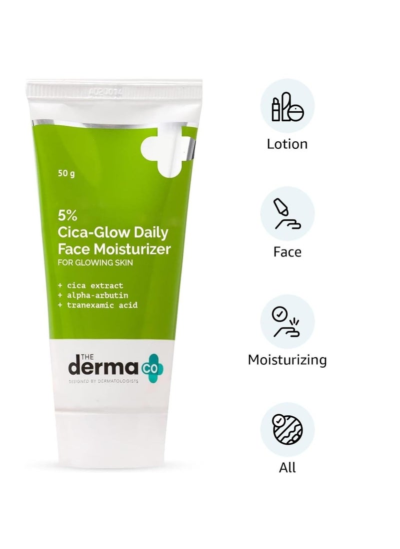 The Derma Co 5% Cica-Glow Daily Face Moisturizer with Alpha Arbutin & Tranexamic Acid | Makes Skin Glow | Evens Skin Tone | For All Skin Types | 50 g, Lotion