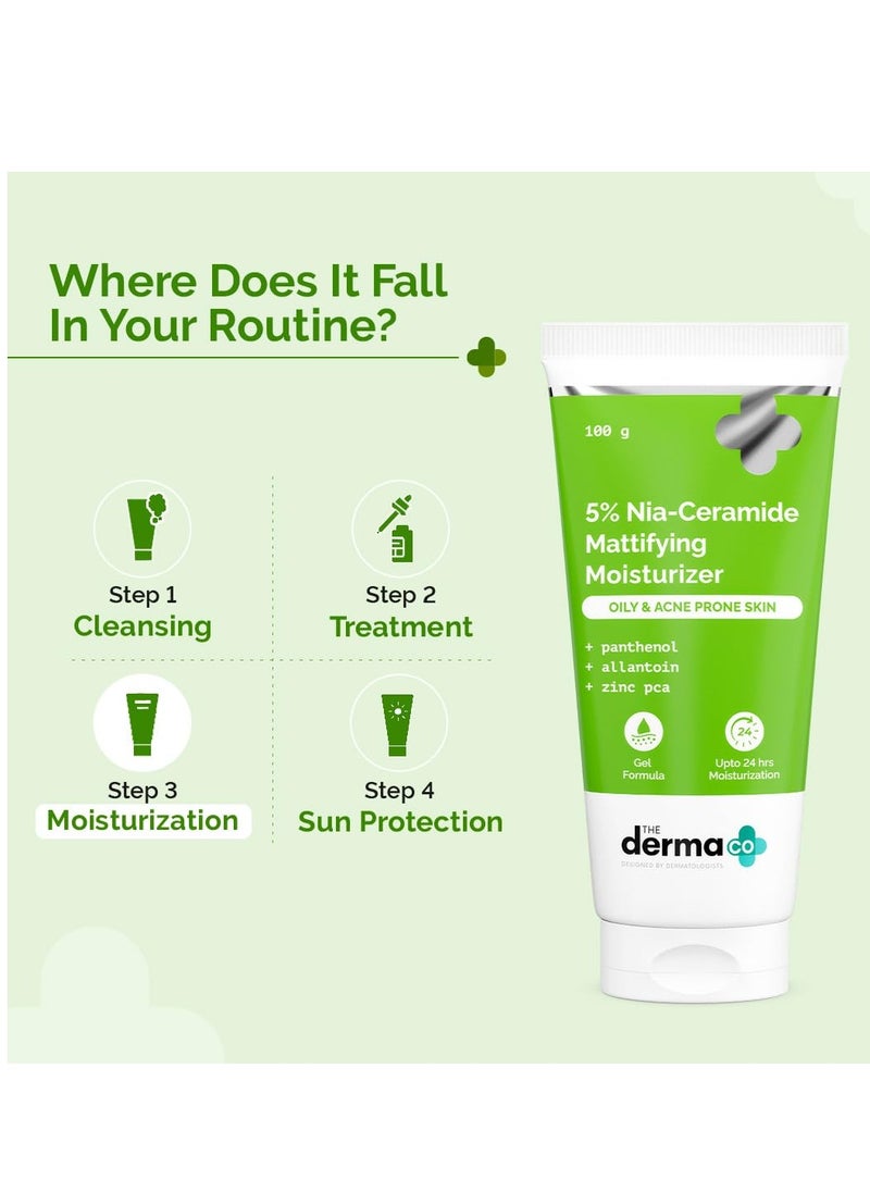 The Derma Co. 5% Nia-Ceramide Mattifying Moisturizer | For Oily to Acne Prone Skin | 5% Niacinamide, 2% Ceramide | 24 hrs. Moisturization | Panthenol, Allantoin & Zinc PCA | Oil-free Moisturizer | 100 g