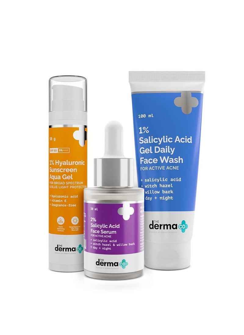 The Derma Co Anti Acne Skincare Routine Kit For All Skin 1% Salicylic Acid Gel Face Wash+2% Salicylic Acid Serum+1% Hyaluronic Sunscreen Aqua Gel|Broad Spectrum Protection Spf 50 Pa++++|Unisex,3 Count