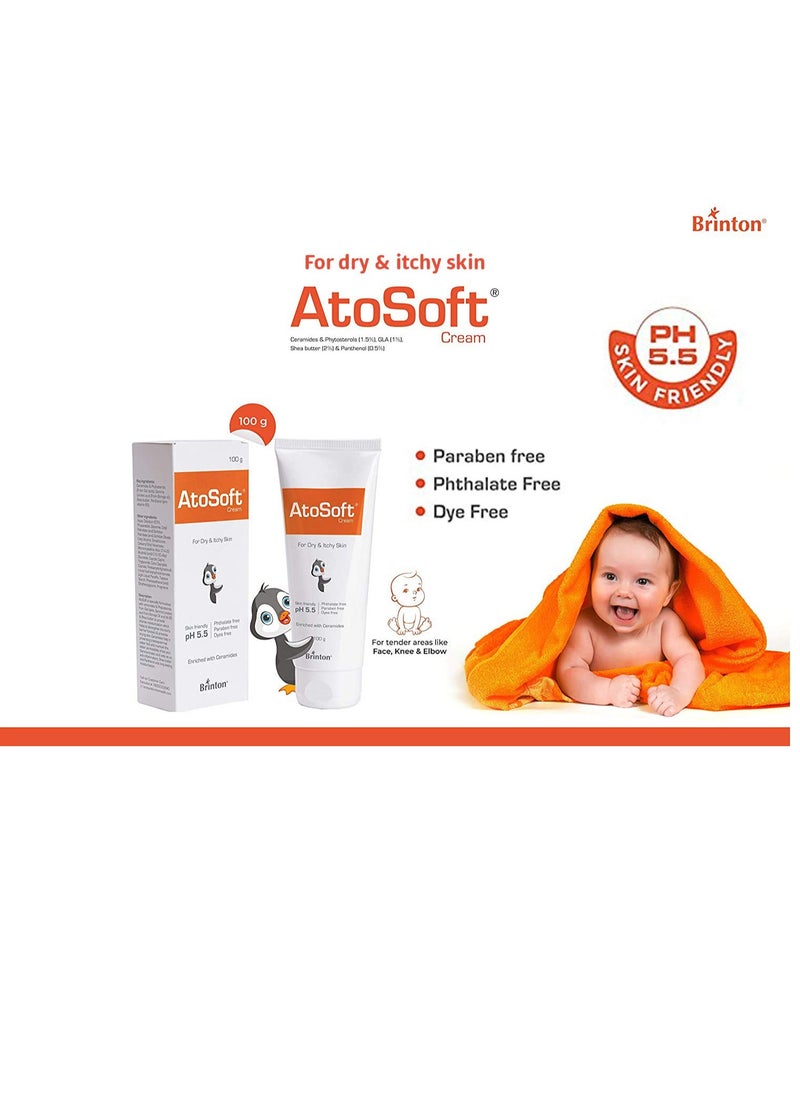 Atosoft Cream for Dry & Itchy Skin of Baby | Intensive Moisturizing & Nourishing Cream pH 5.5 | Ultra Mild Dermatologist Recommended Moisturizer, Paraben-Free (Cream, 100 gm)