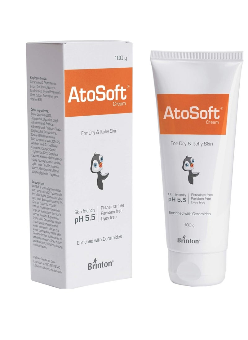 Atosoft Cream for Dry & Itchy Skin of Baby | Intensive Moisturizing & Nourishing Cream pH 5.5 | Ultra Mild Dermatologist Recommended Moisturizer, Paraben-Free (Cream, 100 gm)