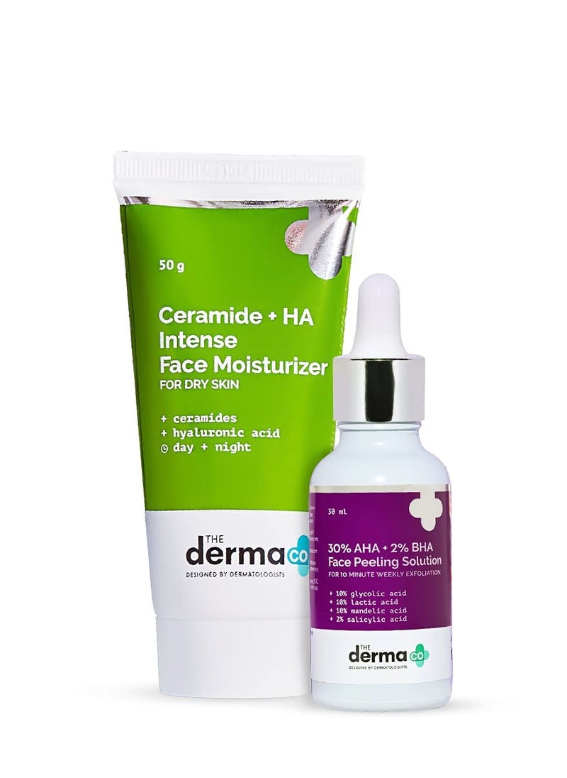 The Derma Co Glowing Skin Combo - 30% AHA + 2% BHA Face Peeling Solution (30 ml) + Ceramide + HA Intense Face Moisturizer (50 g)