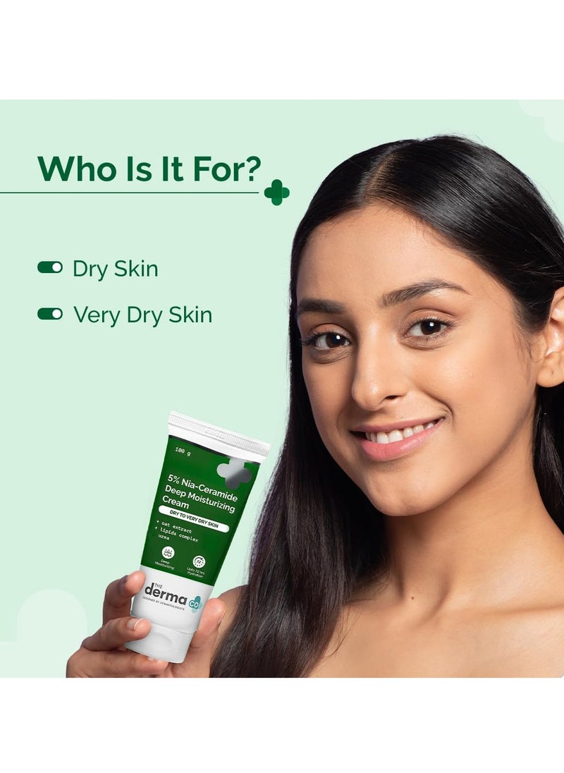 The Derma Co 5% Nia-Ceramide Deep Moisturizing Cream | 5% Niacinamide & Ceramide | 72hrs.Hydration | Urea, Lipids & Oat Extracts | Moisturizer for Dry to Very Dry Skin-100g
