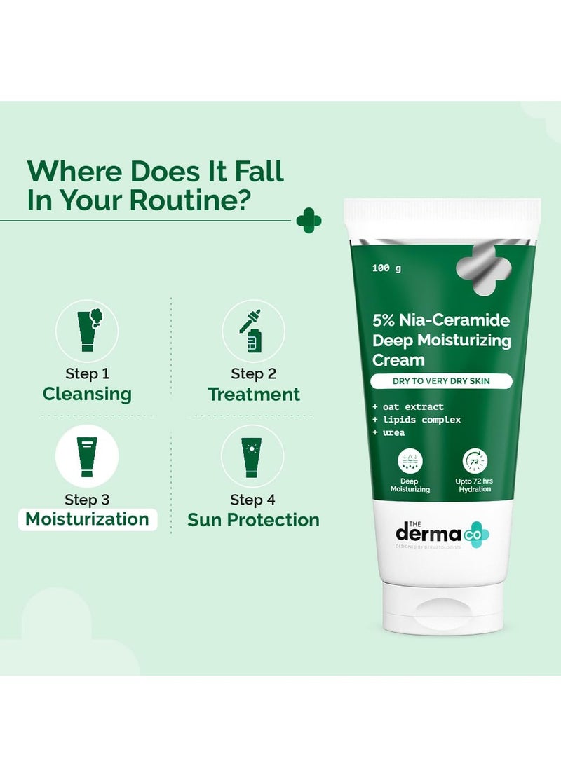 The Derma Co 5% Nia-Ceramide Deep Moisturizing Cream | 5% Niacinamide & Ceramide | 72hrs.Hydration | Urea, Lipids & Oat Extracts | Moisturizer for Dry to Very Dry Skin-100g