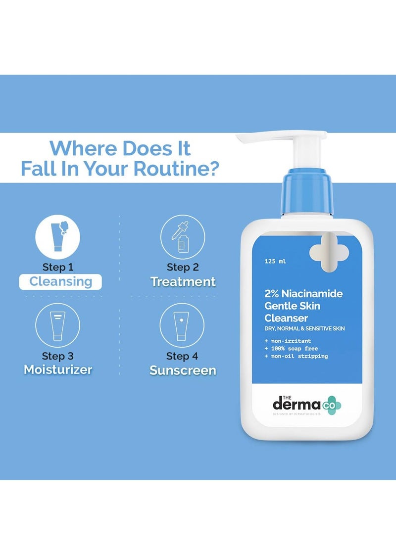 The Derma Co 2% Niacinamide Gentle Skin Cleanser for Sensitive, Dry, Normal Skin - 125 ml Non-Irritant | 100% Soap-Free | Non-Oil Stripping | Gently Cleanses Makeup