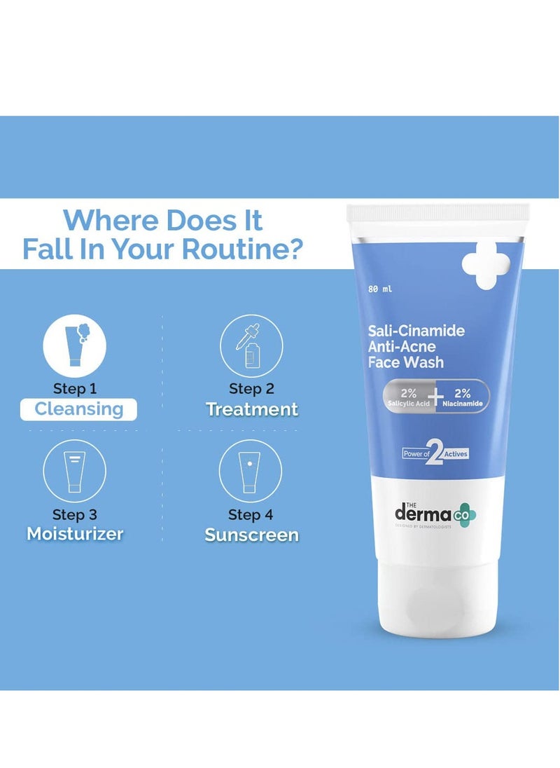 The Derma Co Sali-Cinamide Anti-Acne Face Wash | With 2% Salicylic Acid & 2% Niacinamide I Treats Active Acne & Fades Acne Marks I For Oily & Combination Skin I Power of 2 Actives | For Men & Women | 80 ml