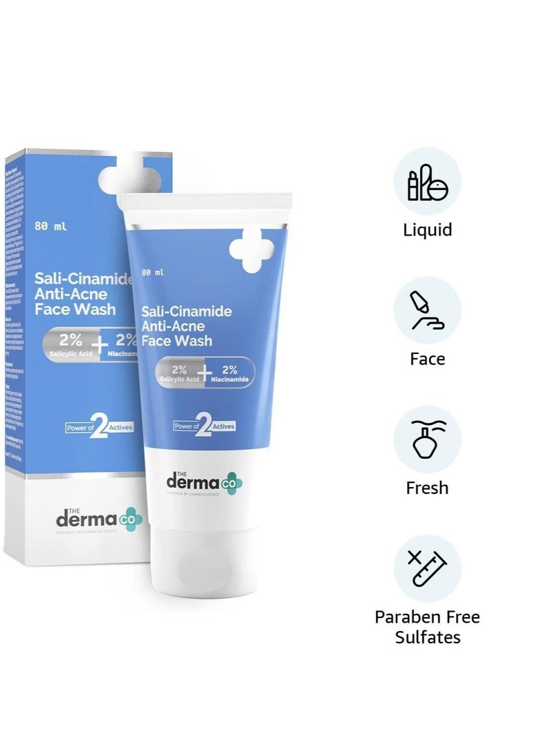 The Derma Co Sali-Cinamide Anti-Acne Face Wash | With 2% Salicylic Acid & 2% Niacinamide I Treats Active Acne & Fades Acne Marks I For Oily & Combination Skin I Power of 2 Actives | For Men & Women | 80 ml