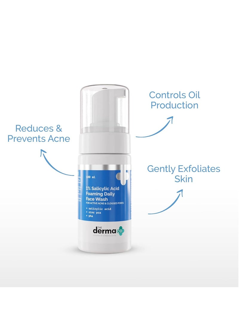 The Derma Co 1% Salicylic Acid Foaming Daily Face Wash with Salicylic Acid, Zinc PCA & PHA for Active Acne & clogged Pores - 100 ml Reduces Acne | Unclogs Pores