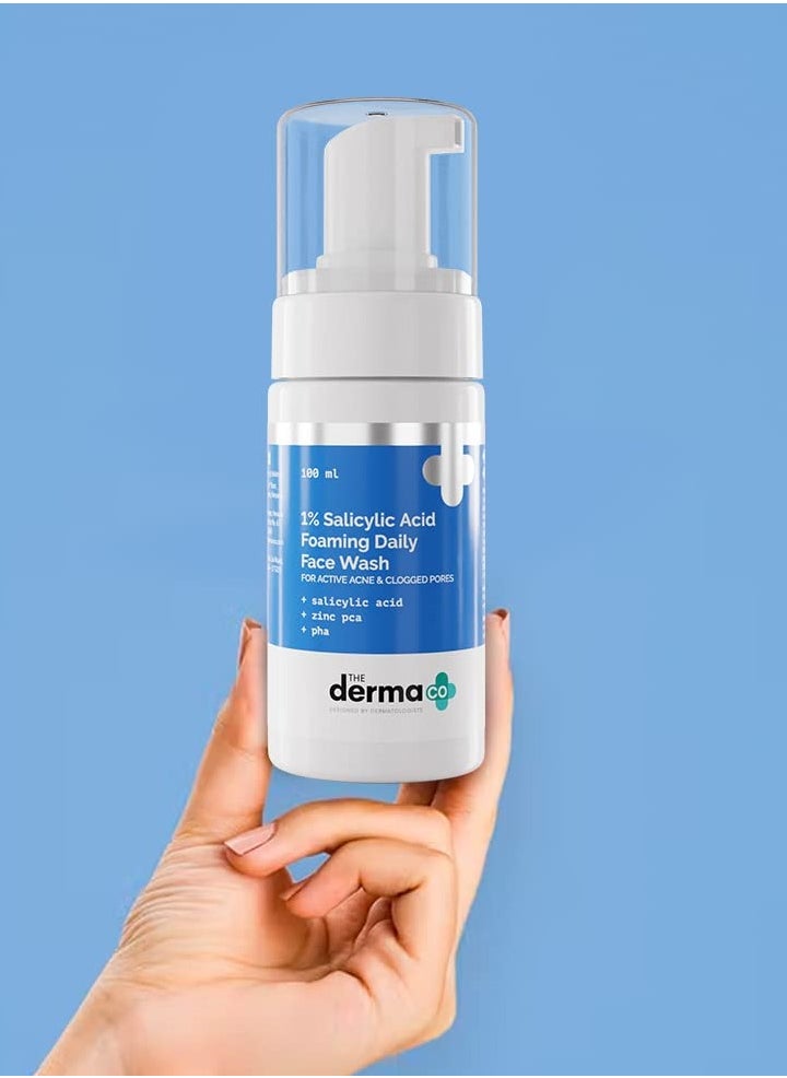 The Derma Co 1% Salicylic Acid Foaming Daily Face Wash with Salicylic Acid, Zinc PCA & PHA for Active Acne & clogged Pores - 100 ml Reduces Acne | Unclogs Pores