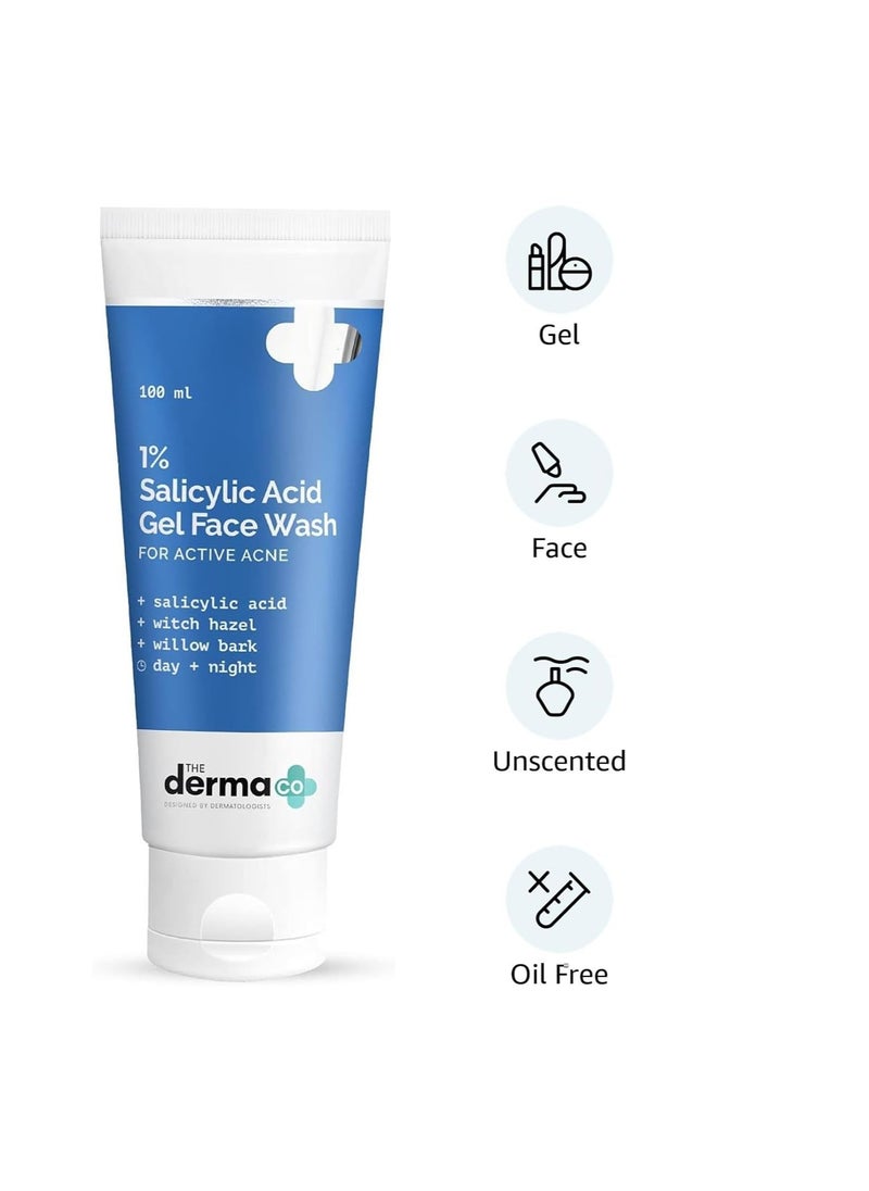 The Derma Co 1% Salicylic Acid Gel Face Wash with Salicylic Acid & Witch Hazel for Active Acne - 100 ml