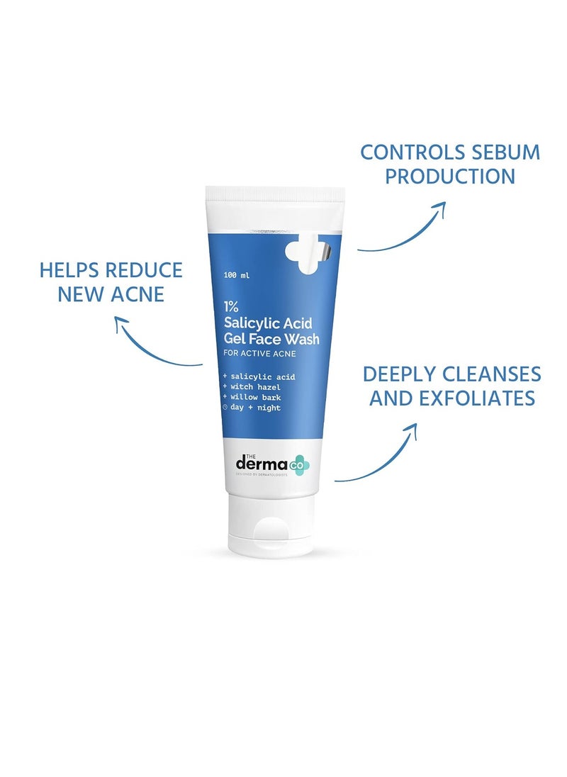 The Derma Co 1% Salicylic Acid Gel Face Wash with Salicylic Acid & Witch Hazel for Active Acne - 100 ml