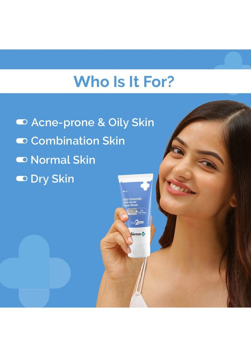 The Derma Co Sali-Cinamide Anti-Acne Face Wash | With 2% Salicylic Acid & 2% Niacinamide I Treats Active Acne & Fades Acne Marks I For Oily & Combination Skin I Power of 2 Actives | For Men & Women | 80 ml x 2