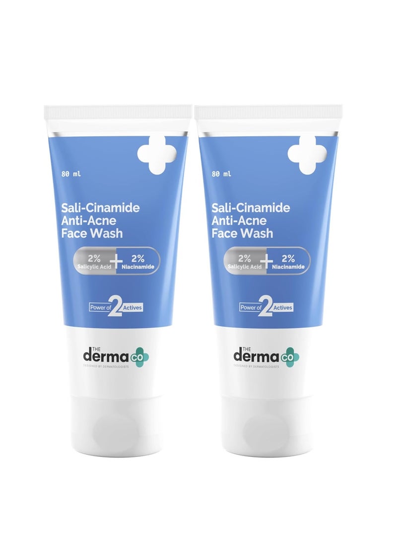 The Derma Co Sali-Cinamide Anti-Acne Face Wash | With 2% Salicylic Acid & 2% Niacinamide I Treats Active Acne & Fades Acne Marks I For Oily & Combination Skin I Power of 2 Actives | For Men & Women | 80 ml x 2