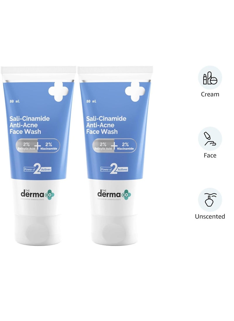 The Derma Co Sali-Cinamide Anti-Acne Face Wash | With 2% Salicylic Acid & 2% Niacinamide I Treats Active Acne & Fades Acne Marks I For Oily & Combination Skin I Power of 2 Actives | For Men & Women | 80 ml x 2