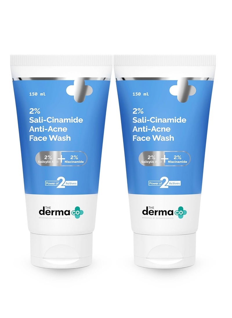 The Derma Co 2% Sali-Cinamide Anti-Acne Face Wash | With 2% Salicylic Acid & 2% Niacinamide | Treats Active Acne & Fades Marks I For Oily & Combination Skin | Power of 2 Actives | For Men & Women | 150 ml x 2