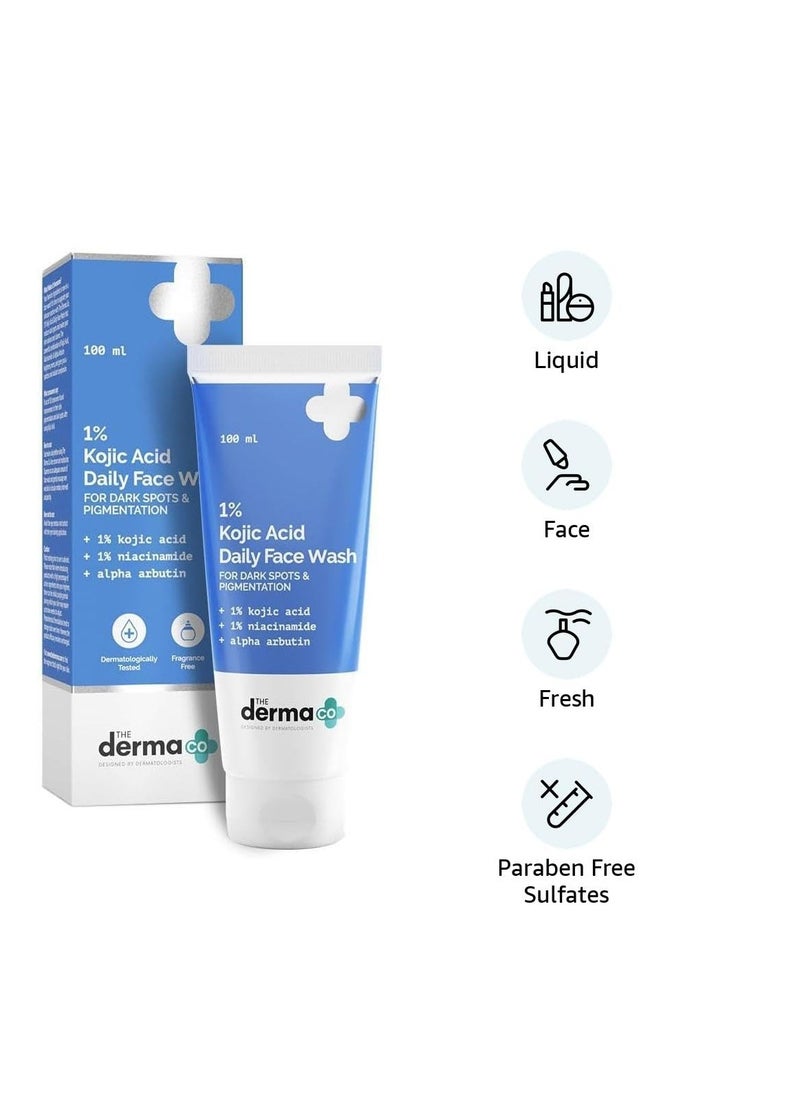 The Derma Co 1% Kojic Acid Face Wash | With Niacinamide & Alpha Arbutin | Reduces Dark Spots, Pigmentation & Blemishes | Cleanses & Brightens Skin | Non-Drying Formula | For All Skin Types | 100 ml