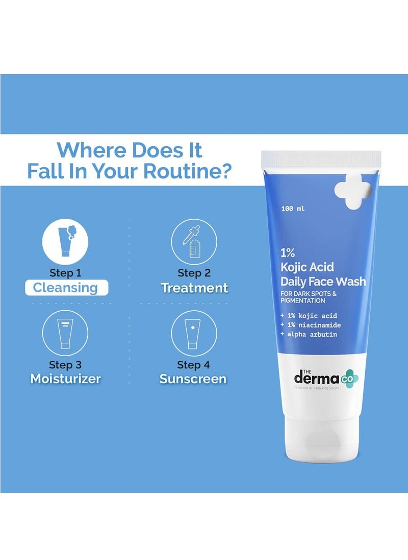 The Derma Co 1% Kojic Acid Face Wash | With Niacinamide & Alpha Arbutin | Reduces Dark Spots, Pigmentation & Blemishes | Cleanses & Brightens Skin | Non-Drying Formula | For All Skin Types | 100 ml