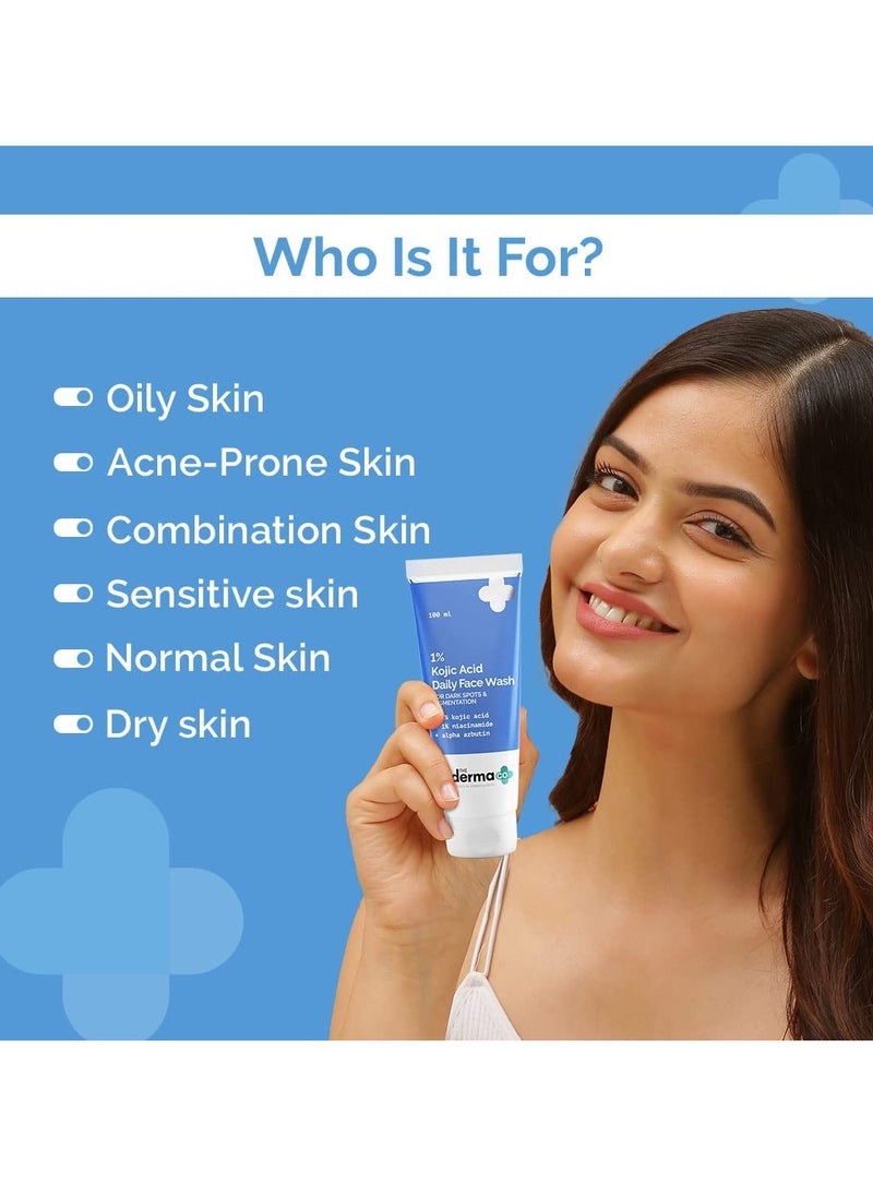 The Derma Co 1% Kojic Acid Face Wash | With Niacinamide & Alpha Arbutin | Reduces Dark Spots, Pigmentation & Blemishes | Cleanses & Brightens Skin | Non-Drying Formula | For All Skin Types | 100 ml