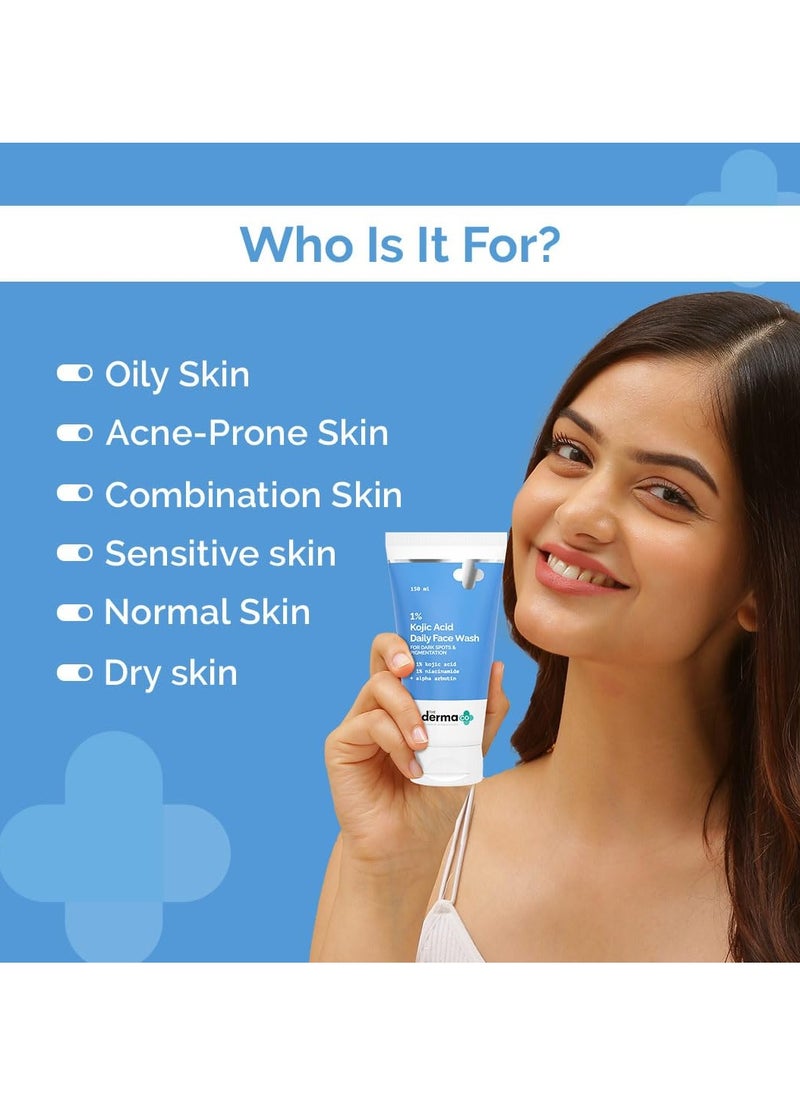 The Derma Co 1% Kojic Acid Face Wash | With Niacinamide & Alpha Arbutin | Reduces Dark Spots, Pigmentation & Blemishes | Cleanses & Brightens Skin | Non-Drying Formula | For All Skin Types | 150 ml