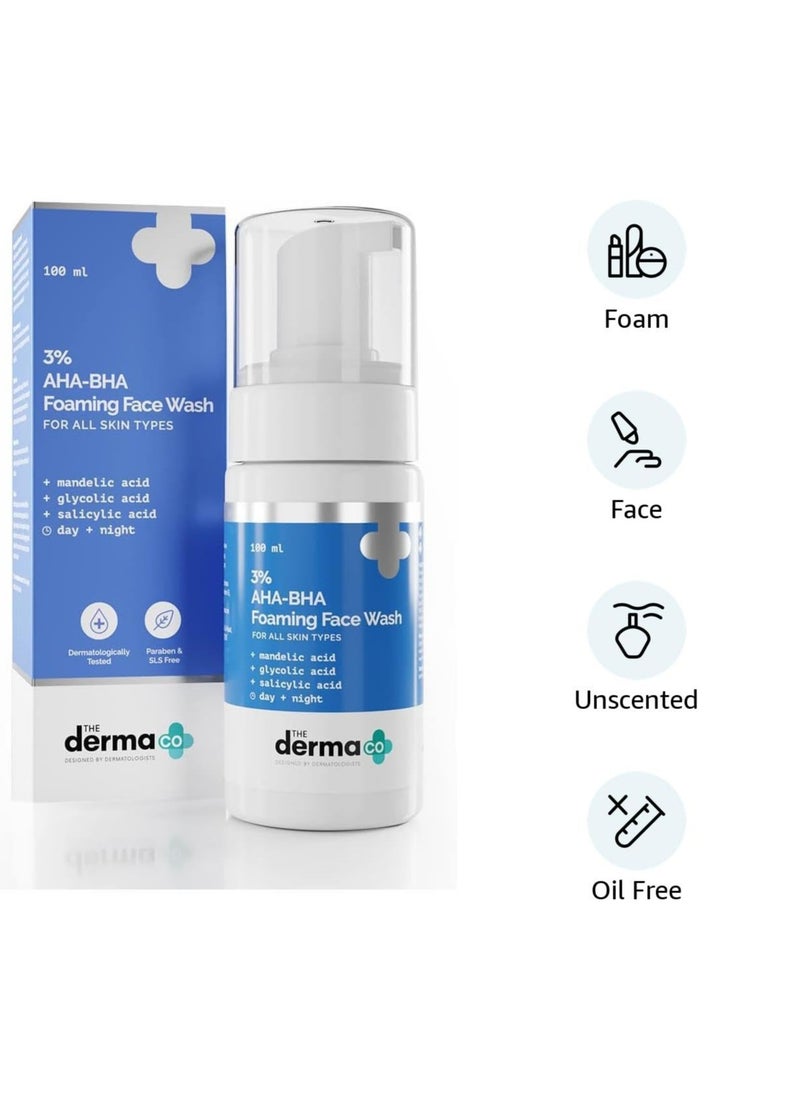 The Derma Co 3% AHA+BHA Foaming Daily Face Wash -100 ml | Controls Acne | Gently Exfoliates