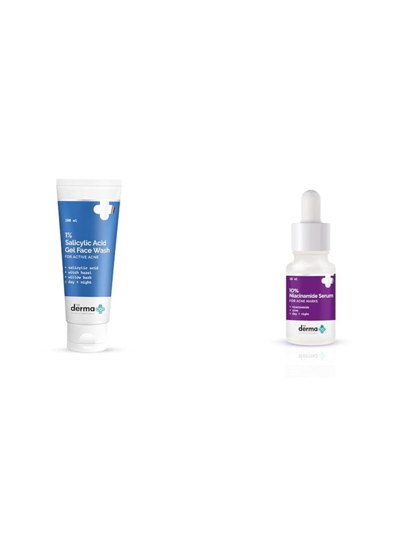 The Derma Co 1% Salicylic Acid Gel Face Wash With Salicylic Acid & Witch Hazel For Active Acne &The Derma Co 10% Niacinamide Face Serum For Acne Marks & Acne Prone Skin For Unisex, 10ml