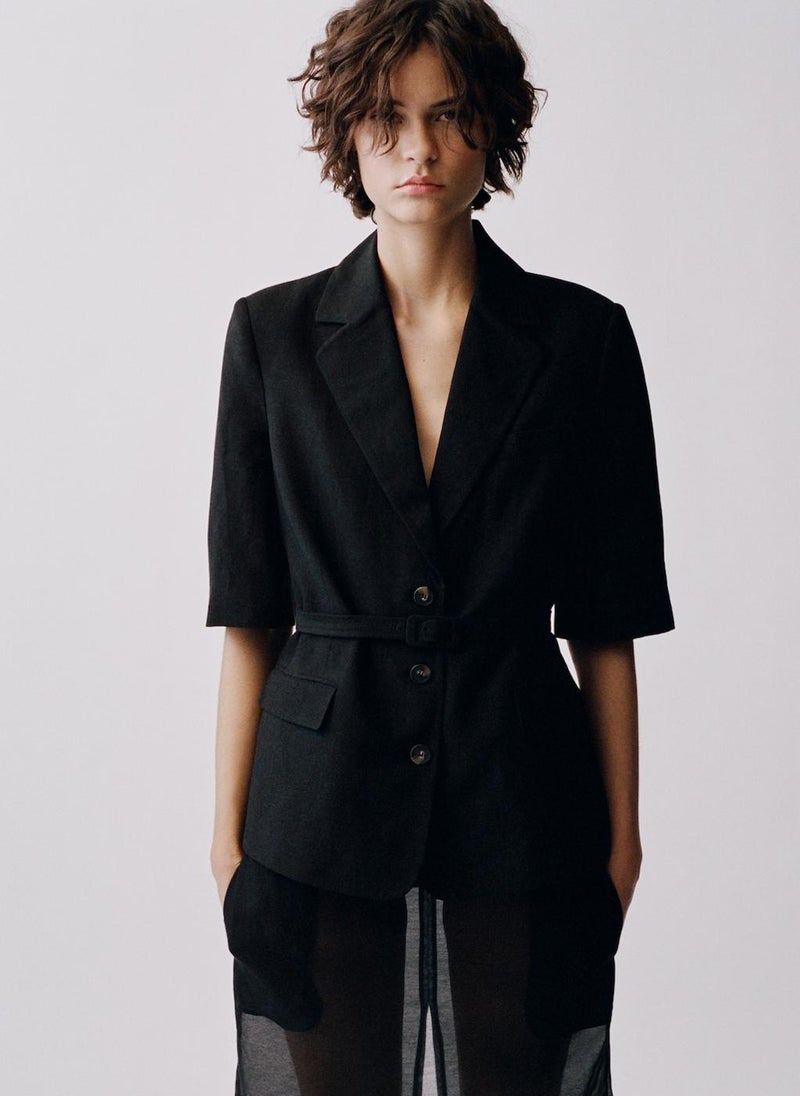 Linen-Blend Suit Jacket With Belt
