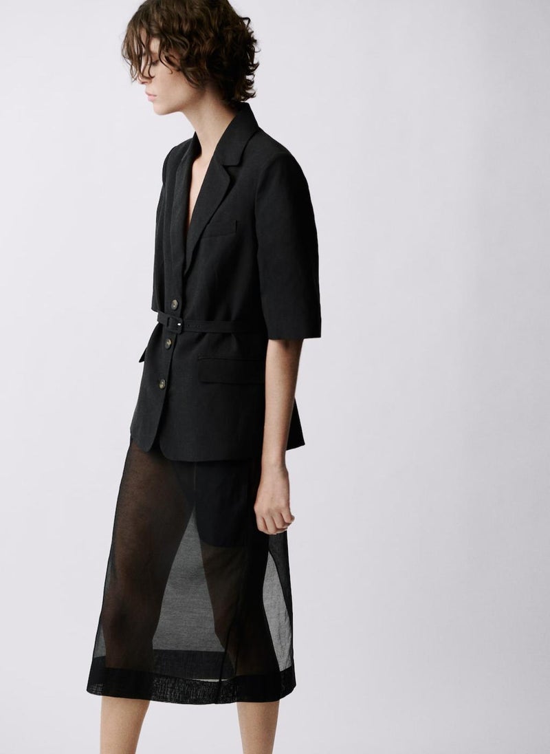 Linen-Blend Suit Jacket With Belt