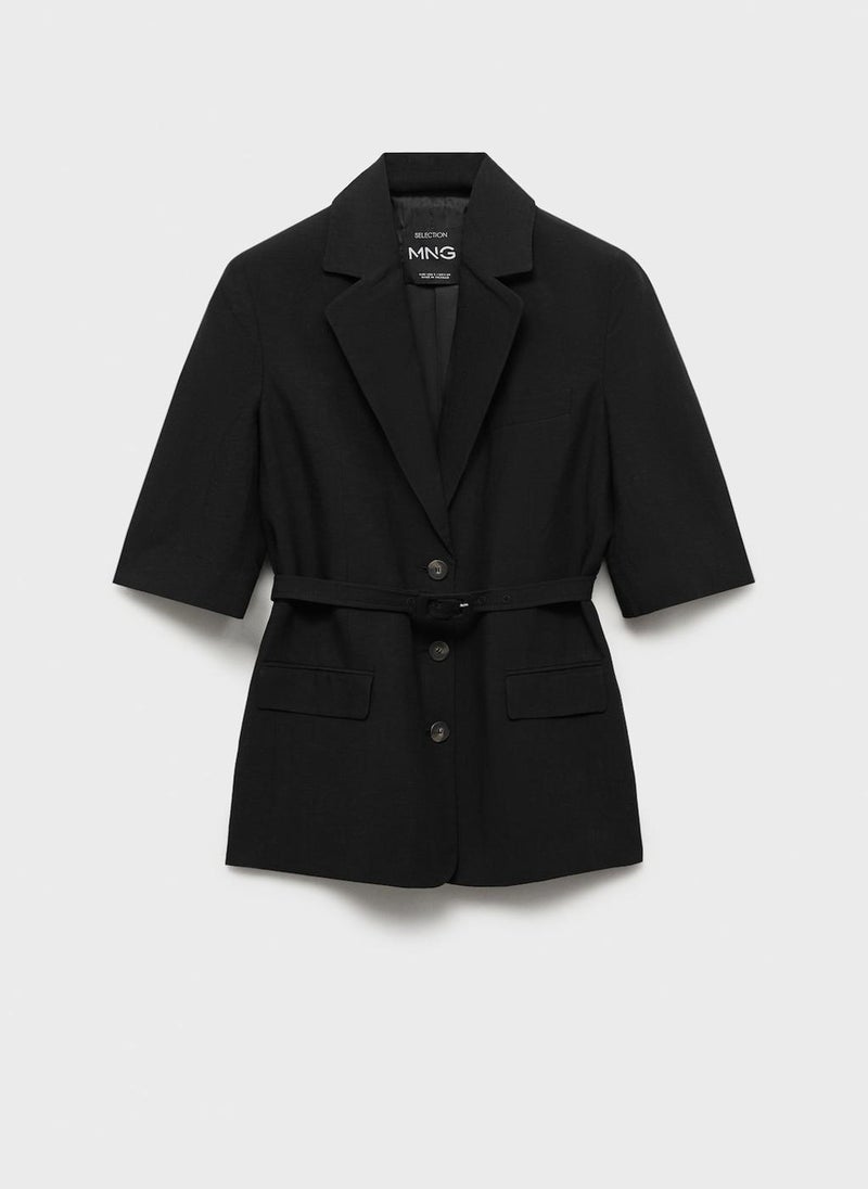 Linen-Blend Suit Jacket With Belt