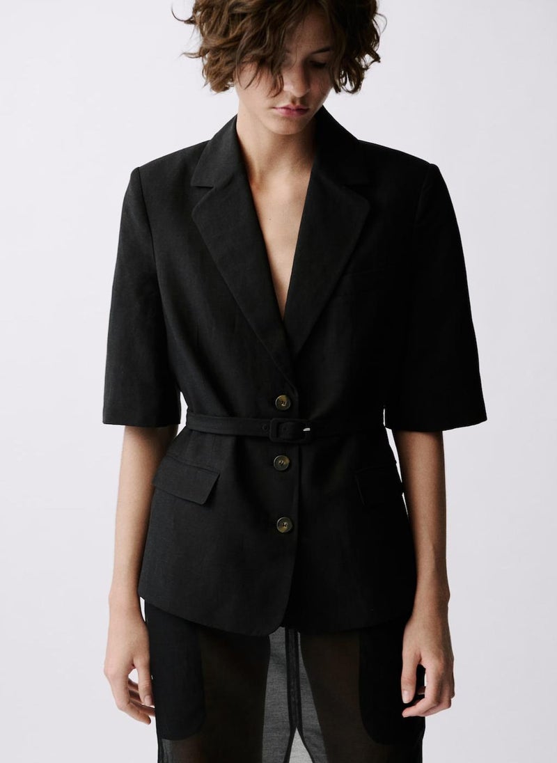 Linen-Blend Suit Jacket With Belt