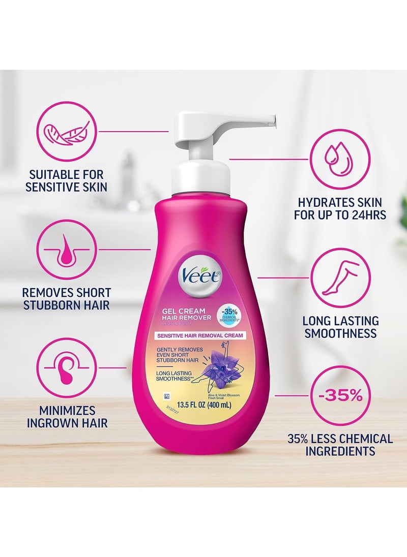 VEET Sensitive Skin Hair Removal Cream For Women, Painless Bikini Hair Removal Gel, Dermatologically Tested Depilatory Cream For Bikini Line, Legs, Arms, Underarms, 400ml Pump Bottle with Tool