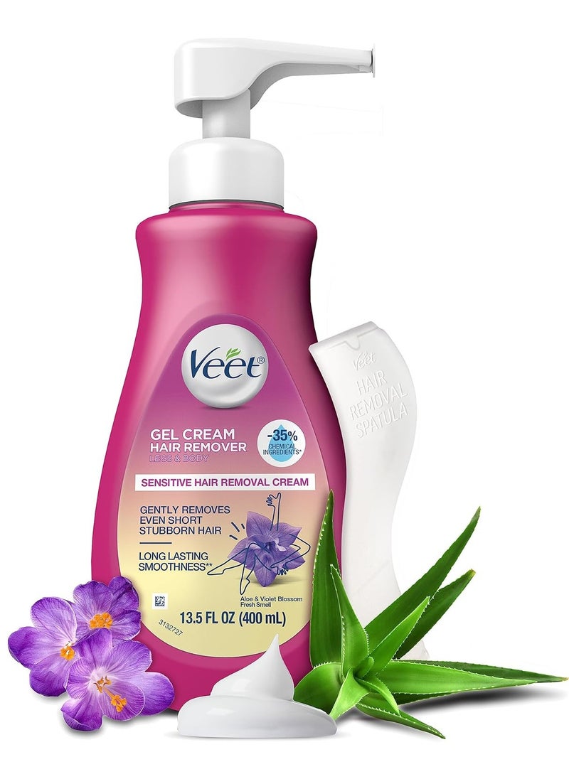 VEET Sensitive Skin Hair Removal Cream For Women, Painless Bikini Hair Removal Gel, Dermatologically Tested Depilatory Cream For Bikini Line, Legs, Arms, Underarms, 400ml Pump Bottle with Tool