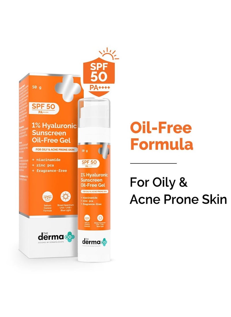The Derma Co 1% Hyaluronic Sunscreen Oil-Free Gel SPF 50 PA++++ | For Oily, Acne-Prone Skin | Lightweight Texture | No White Cast | UVA/UVB, Broad Spectrum Protection & Blue Light Protection | Non- Comedogenic | Clinically Tested - (In -Vivo) | Tan Protection | Photostable | For Men & Women | 50 g