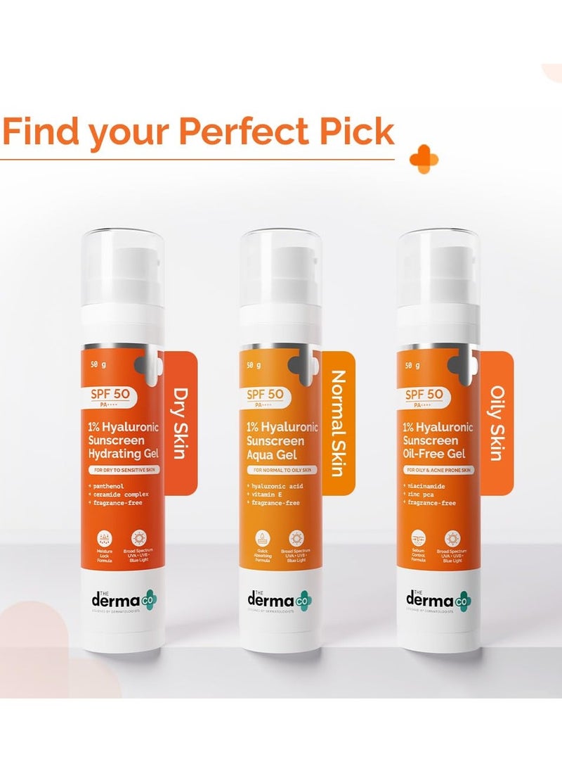 The Derma Co 1% Hyaluronic Sunscreen Oil-Free Gel SPF 50 PA++++ | For Oily, Acne-Prone Skin | Lightweight Texture | No White Cast | UVA/UVB, Broad Spectrum Protection & Blue Light Protection | Non- Comedogenic | Clinically Tested - (In -Vivo) | Tan Protection | Photostable | For Men & Women | 50 g