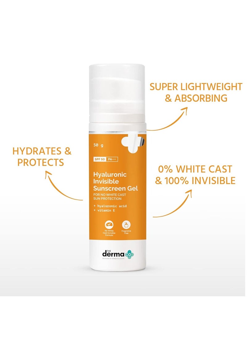 The Derma Co Hyaluronic Invisible Sunscreen SPF 50 Gel For All Skin With Hyaluronic Acid & Vitamin E For No White Cast , 1 Count