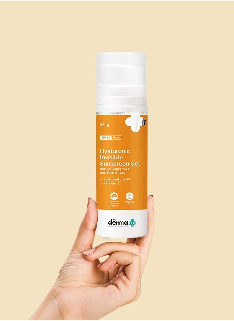 The Derma Co Hyaluronic Invisible Sunscreen SPF 50 Gel For All Skin With Hyaluronic Acid & Vitamin E For No White Cast , 1 Count